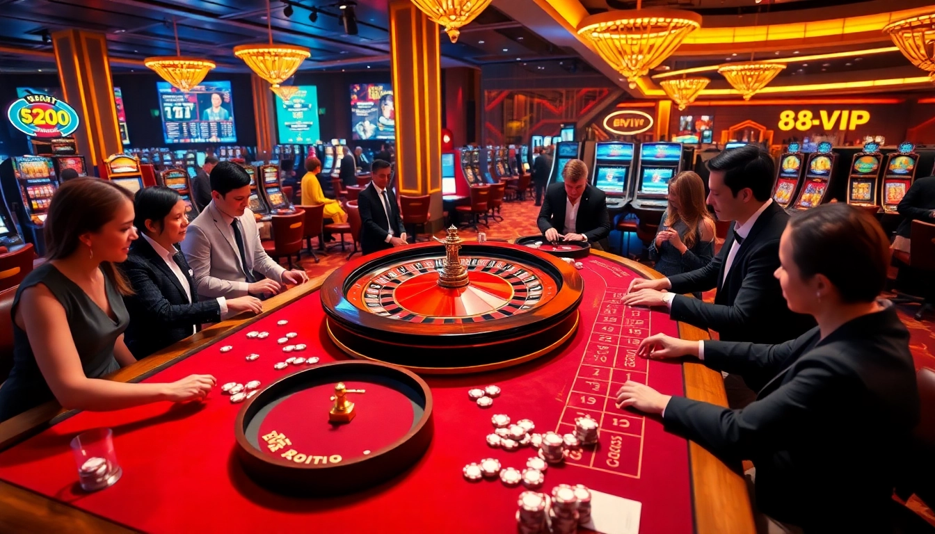 Players enjoying thrilling games at 68VIP.uk, with vibrant casino tables and roulette wheel.