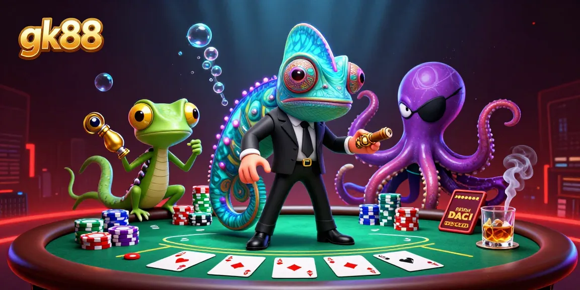 Play poker with gk88's vibrant 3D chameleon agent and colorful chips in action.