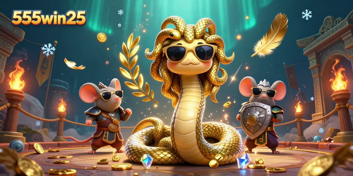 Join the exciting action at 555win25 in this vibrant casino-themed illustration featuring Medusa and a warrior mouse!