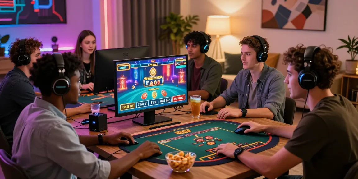Friends enjoying a gaming night at https://proplay88.uk.com/ with colorful graphics and an engaging atmosphere.