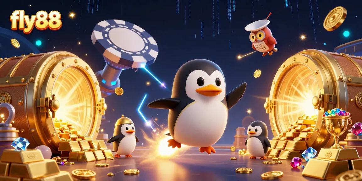 Spin to win exciting jackpots at fly88 with a golden penguin flying towards casino riches!