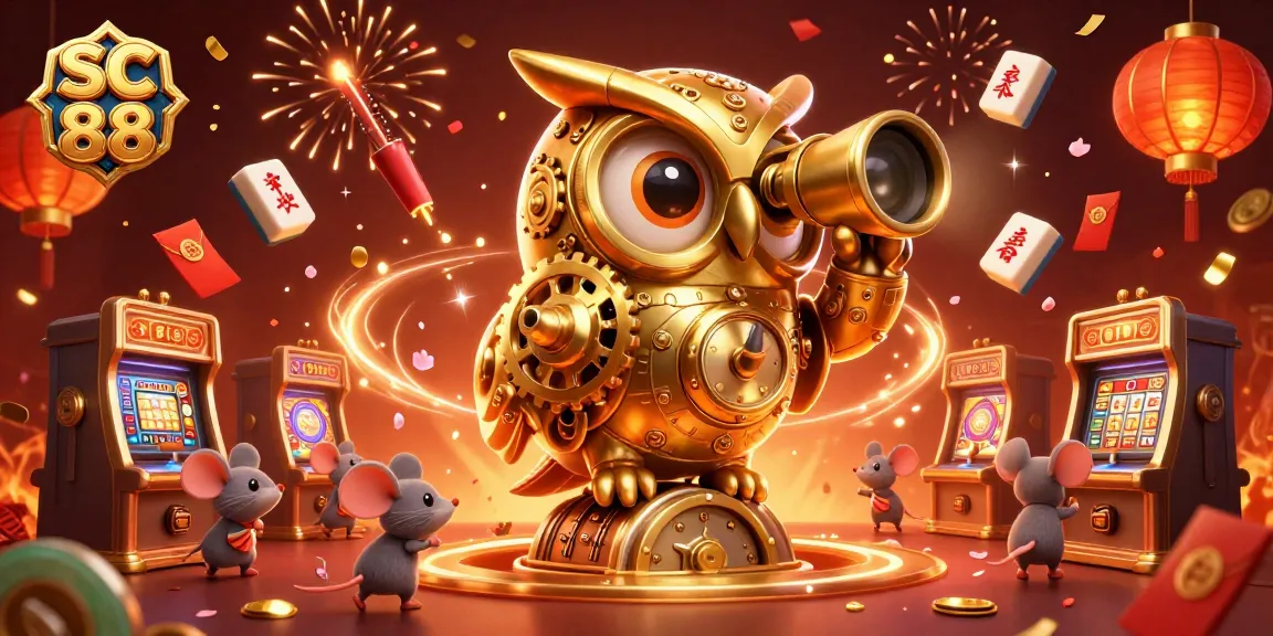 Casino scene with SC 88's golden owl scanning for winning slot machines while luck rains down.