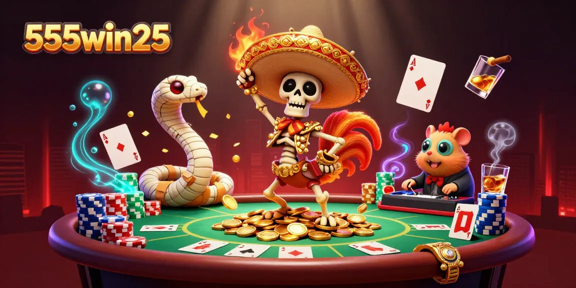 Experience thrilling action at 555win25 with vibrant 3D characters celebrating at a casino.