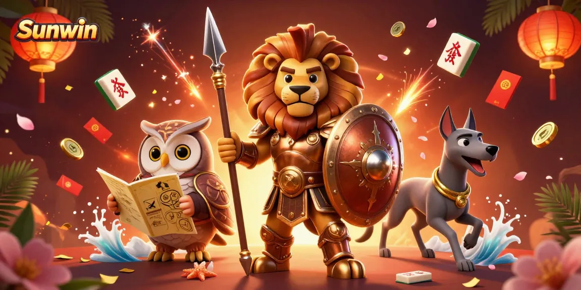Join the Sunwin adventure with a courageous lion, tactical owl, and speedy greyhound amidst vibrant casino elements.