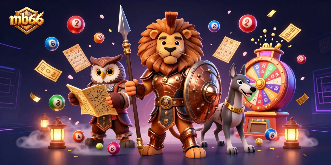 Engage in thrilling gaming with mb66's dynamic 3D casino illustration featuring diverse games and characters.