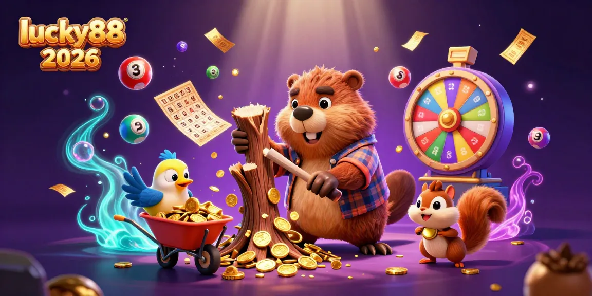 Experience lucky88 2026 with a lively scene of a beaver, bird, and squirrel processing gold and lottery elements.