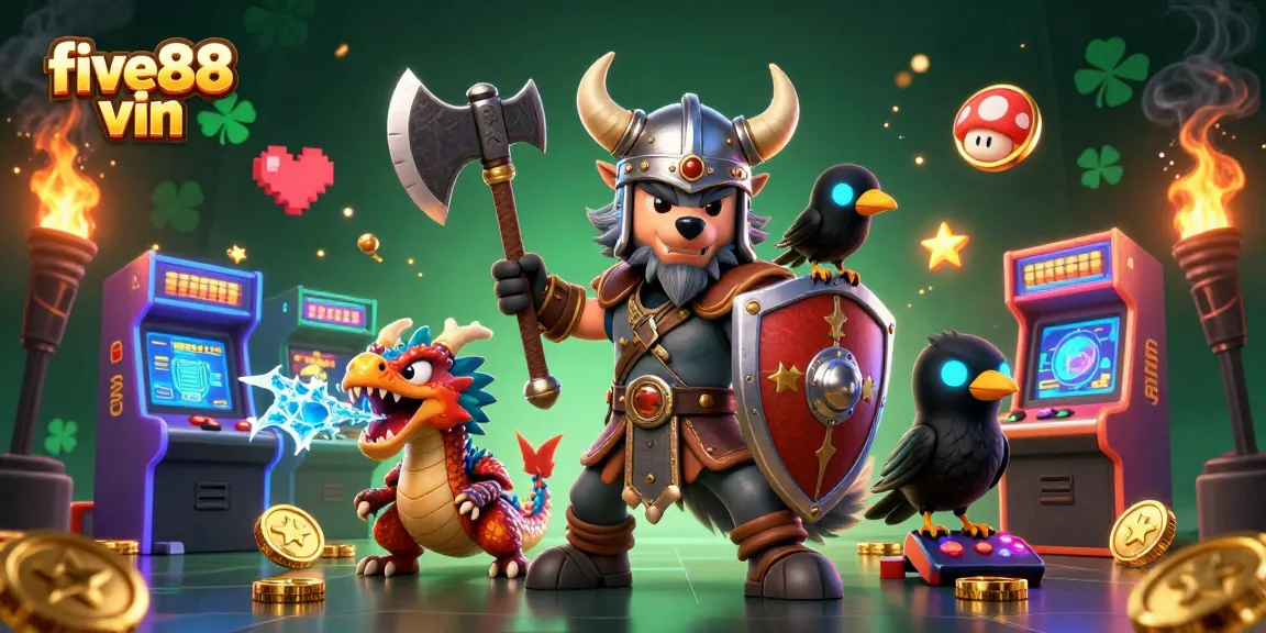 Engage with five88 vin through a dynamic 3D illustration of a Viking wolf warrior and vibrant casino-themed elements.