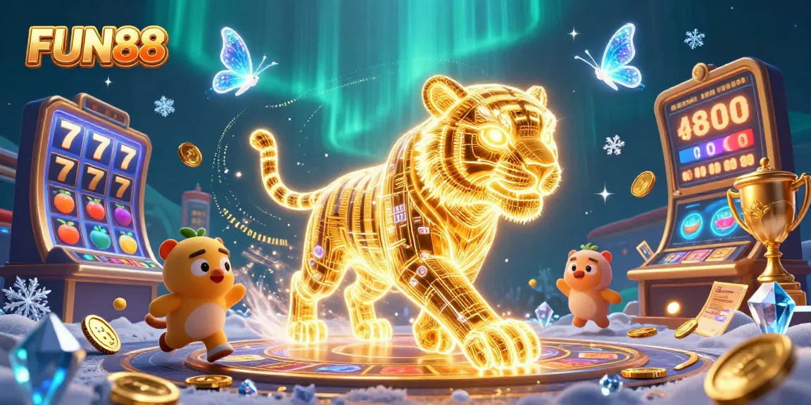 Experience fun and excitement with FUN88's interactive casino scene featuring golden tiger and slots.