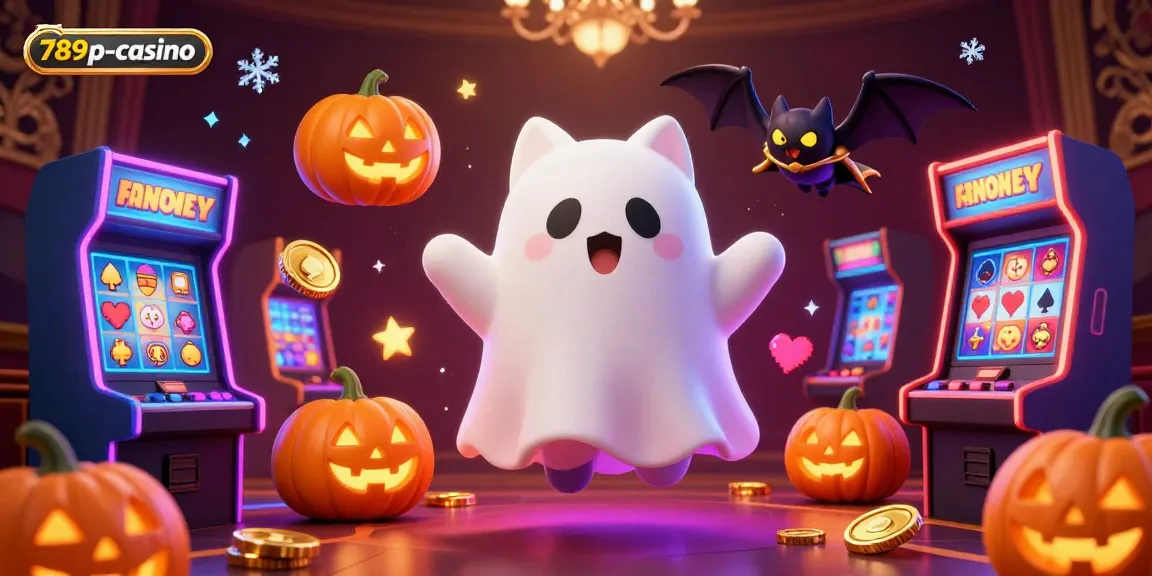 A 3D digital illustration of the playful ghost cat in a vibrant online casino, showcasing 789p-casino’s gaming excitement.