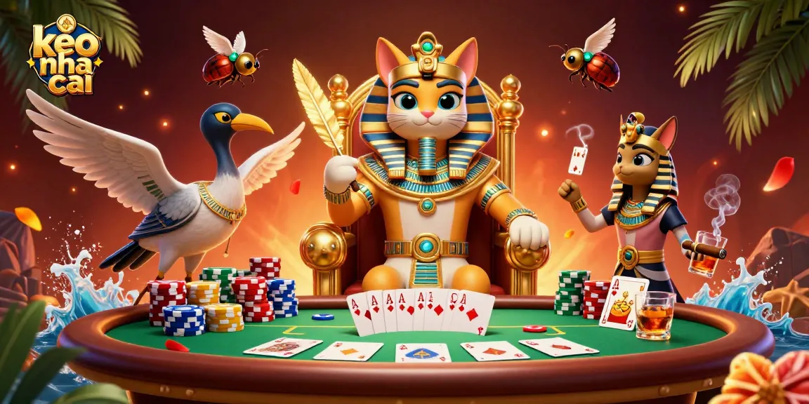 Engage with keo nha cai in a vibrant 3D illustration of a pharaoh cat and poker scene.
